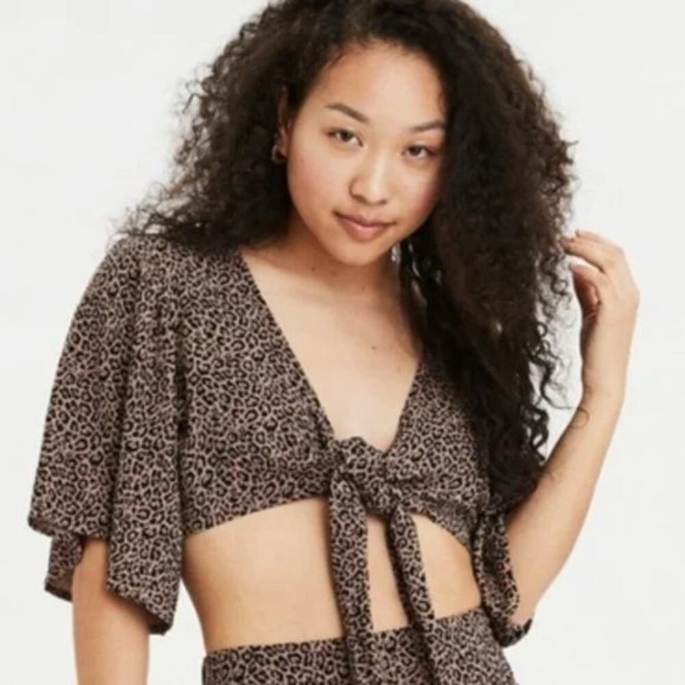 American Eagle Women's Jaguar Animal Print Tie Front Casual Crop Top Blouse XS